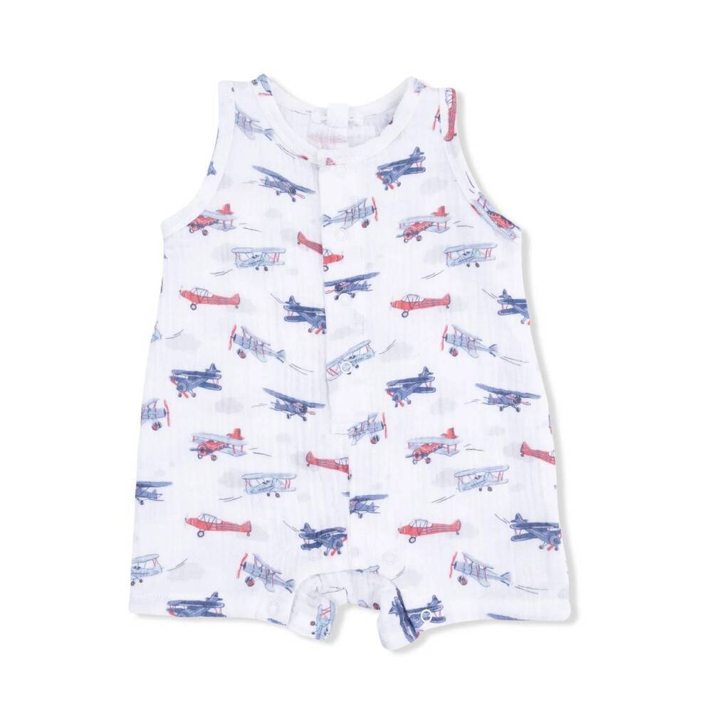 NEW ANGEL DEAR kids vintage planes muslin sleeveless shortie romper in white